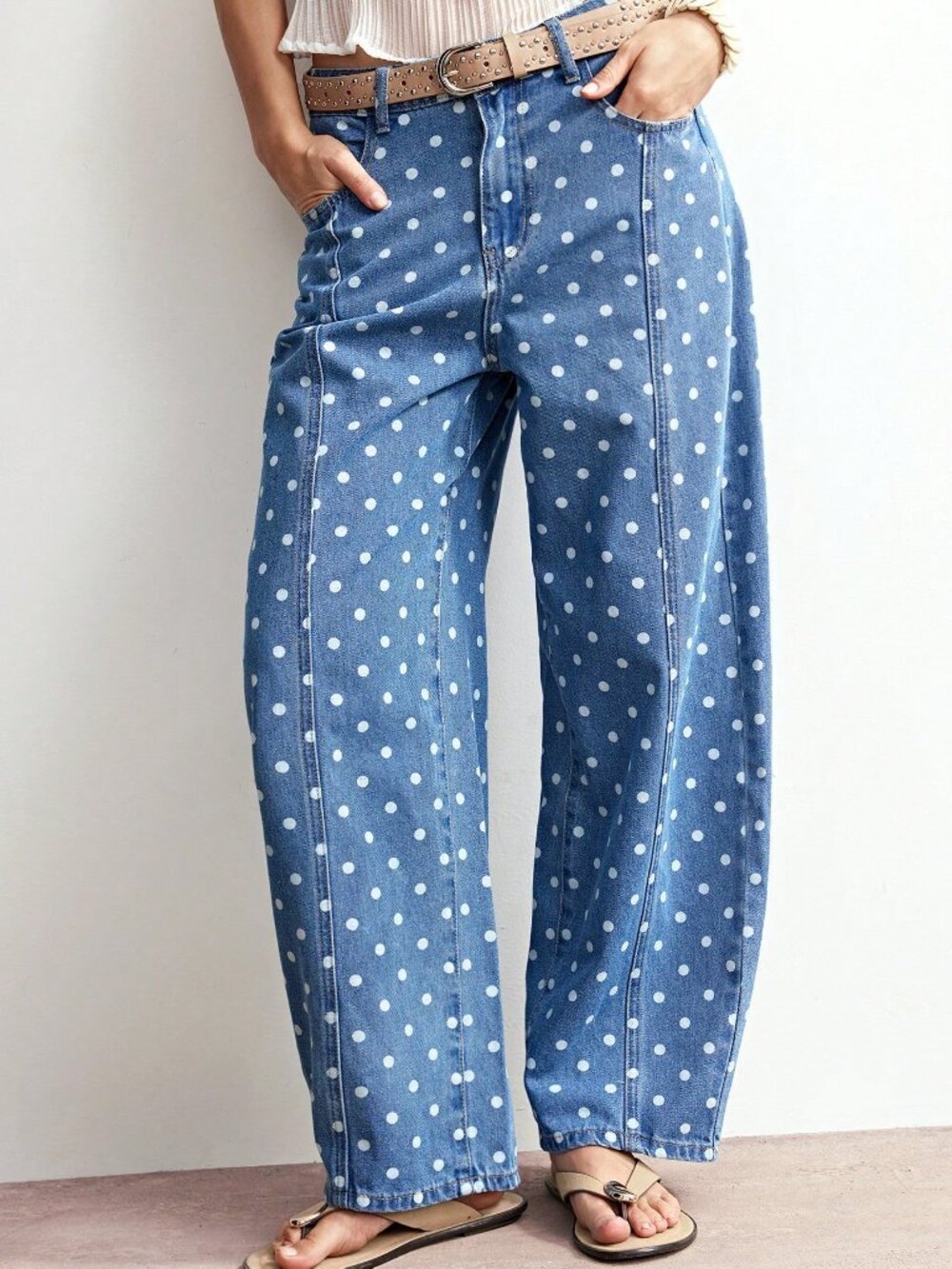 Blue Casual Women's Polka Dot Woven Denim Loose Long Pants - Picture 5 of 6